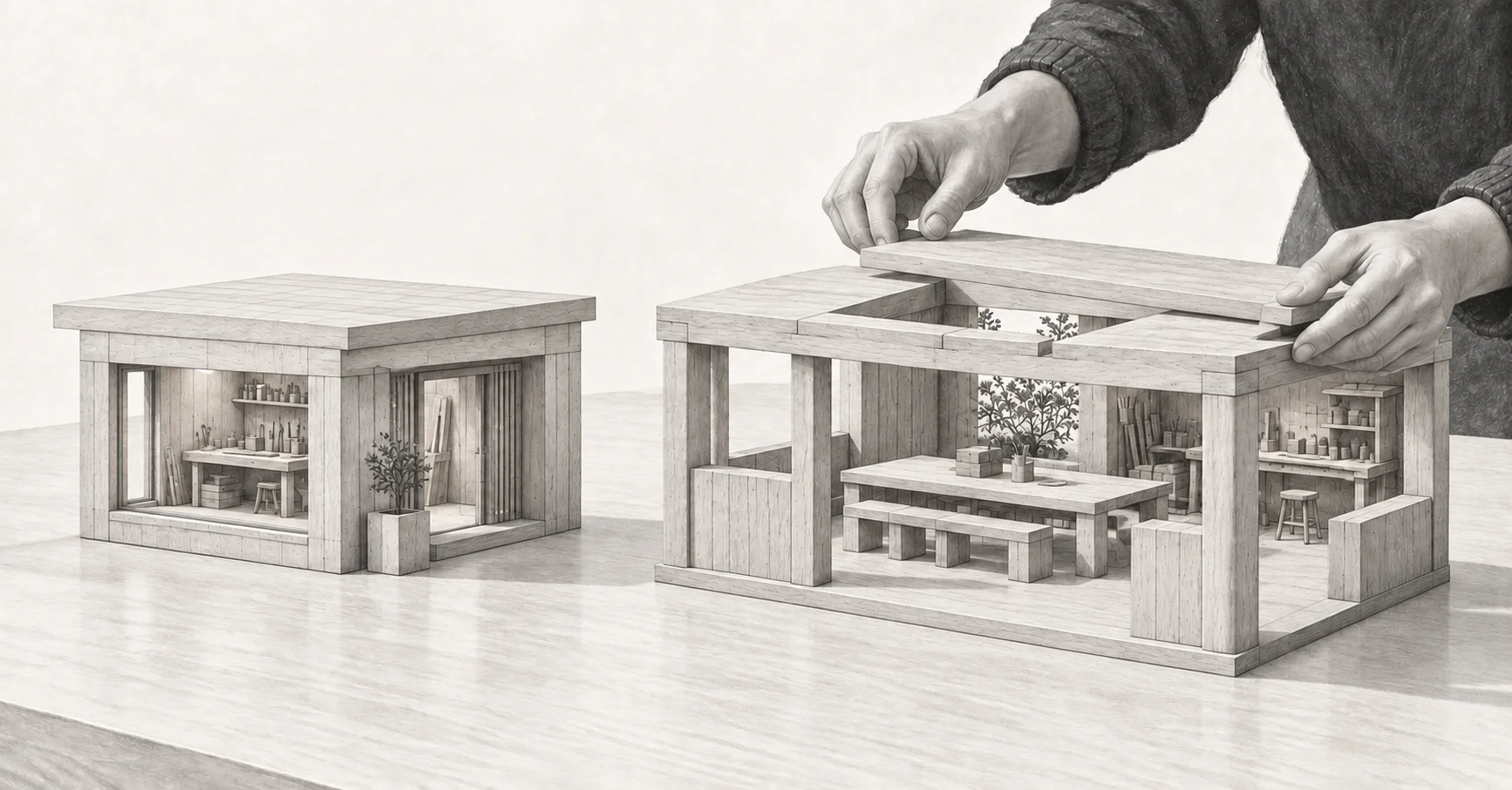 A complete wooden building model beside an open shared workshop being assembled from similar pieces, illustrated in monochrome.